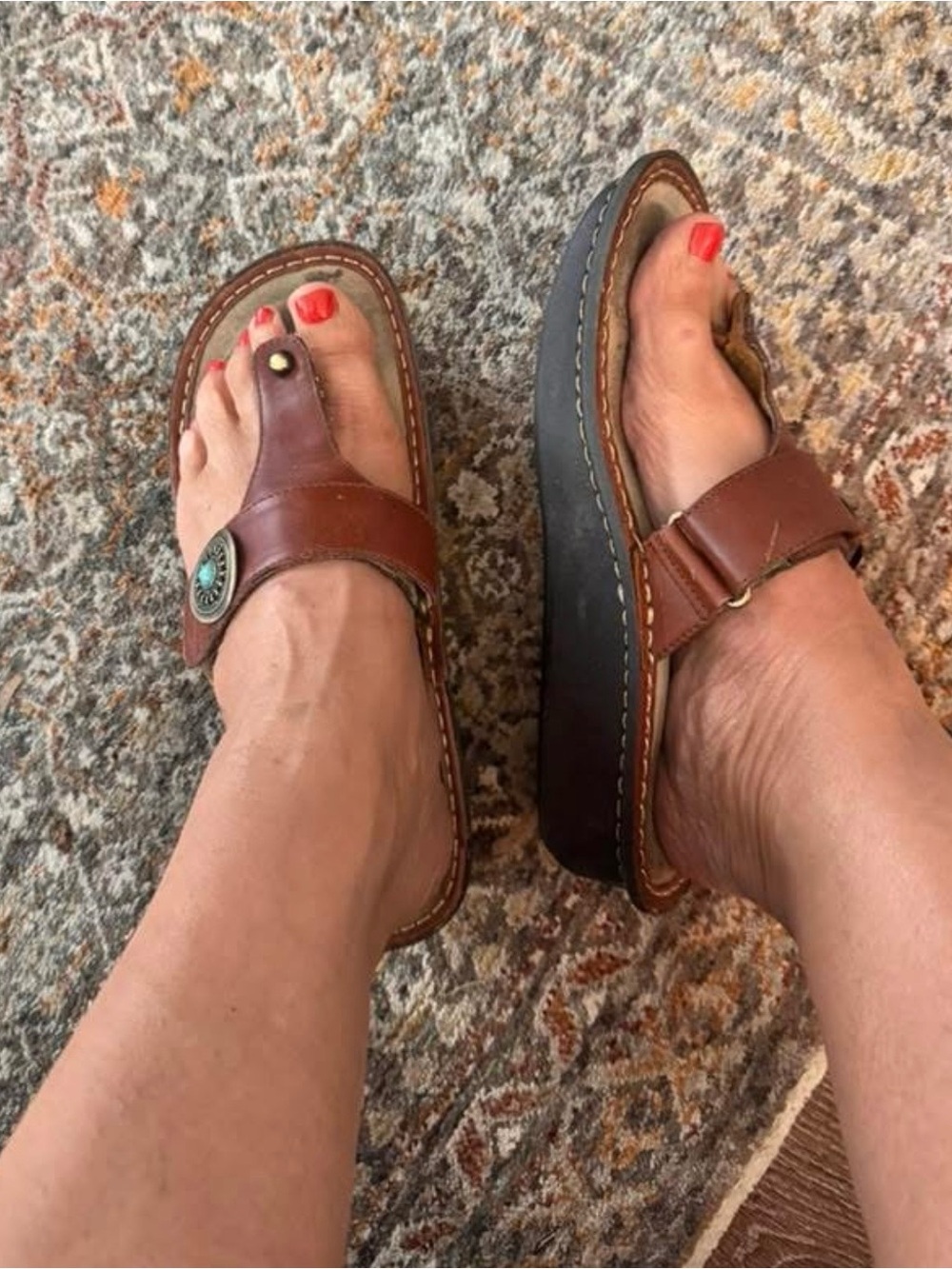 Alegria Brown Leather Thong Sandals with Bronze Accent